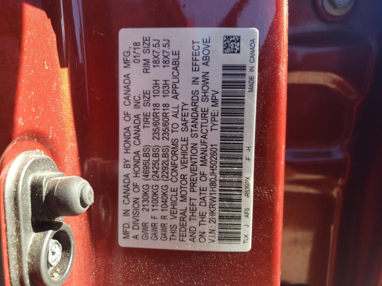 2018 Honda CR-V VIN 2HKRW1H80JH502601 Copart auction photo, front end / mechanical damage thumbnail 13