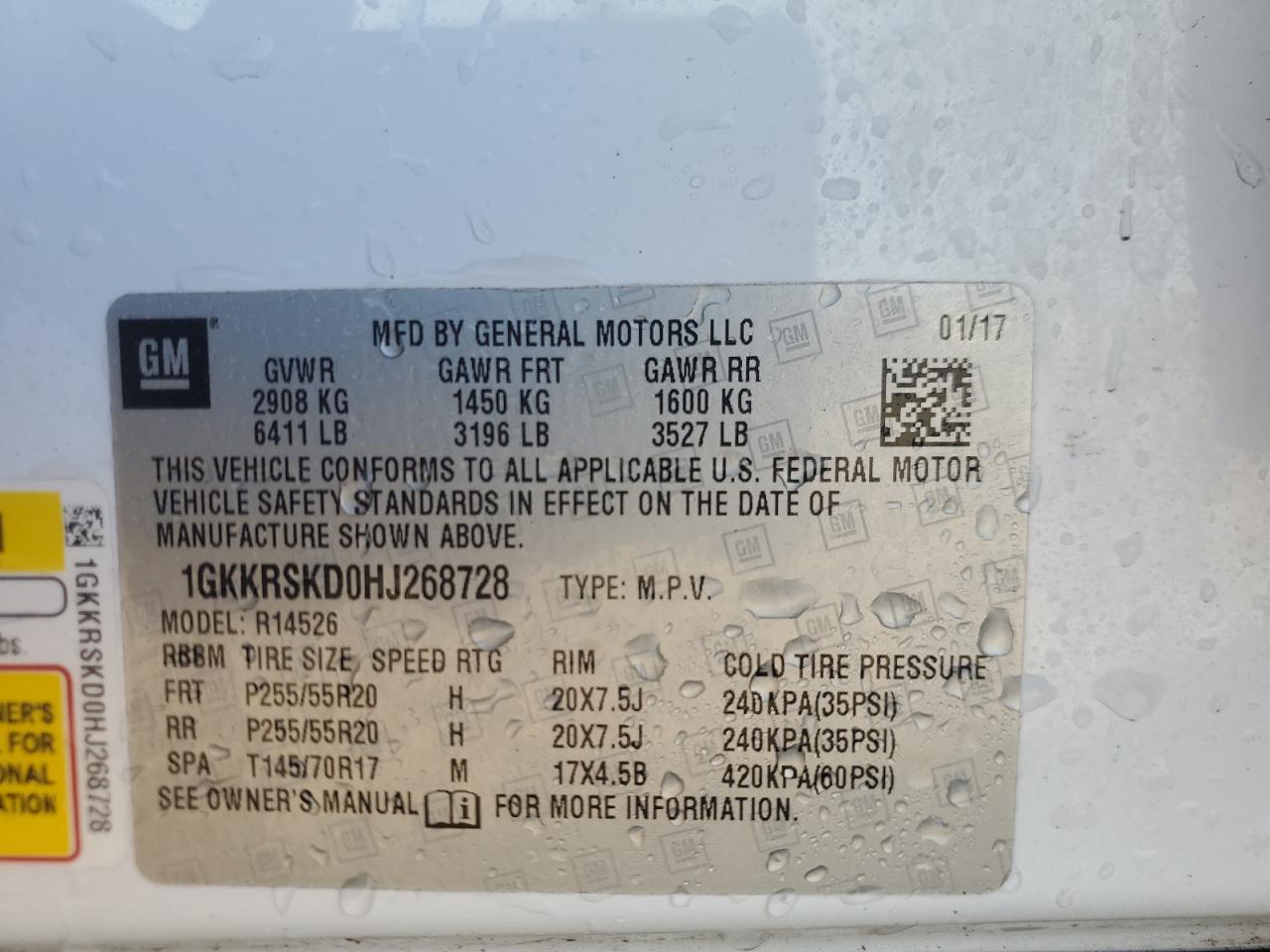 2017 GMC Acadia VIN 1GKKRSKD0HJ268728 Copart auction photo, hail damage thumbnail 13