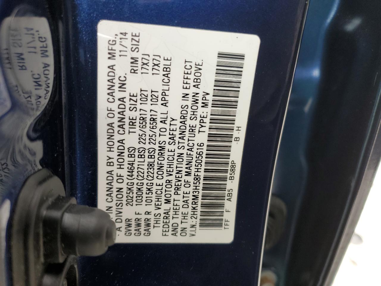 2015 Honda CR-V VIN 2HKRM3H58FH505616 Copart auction photo, front end damage thumbnail 13