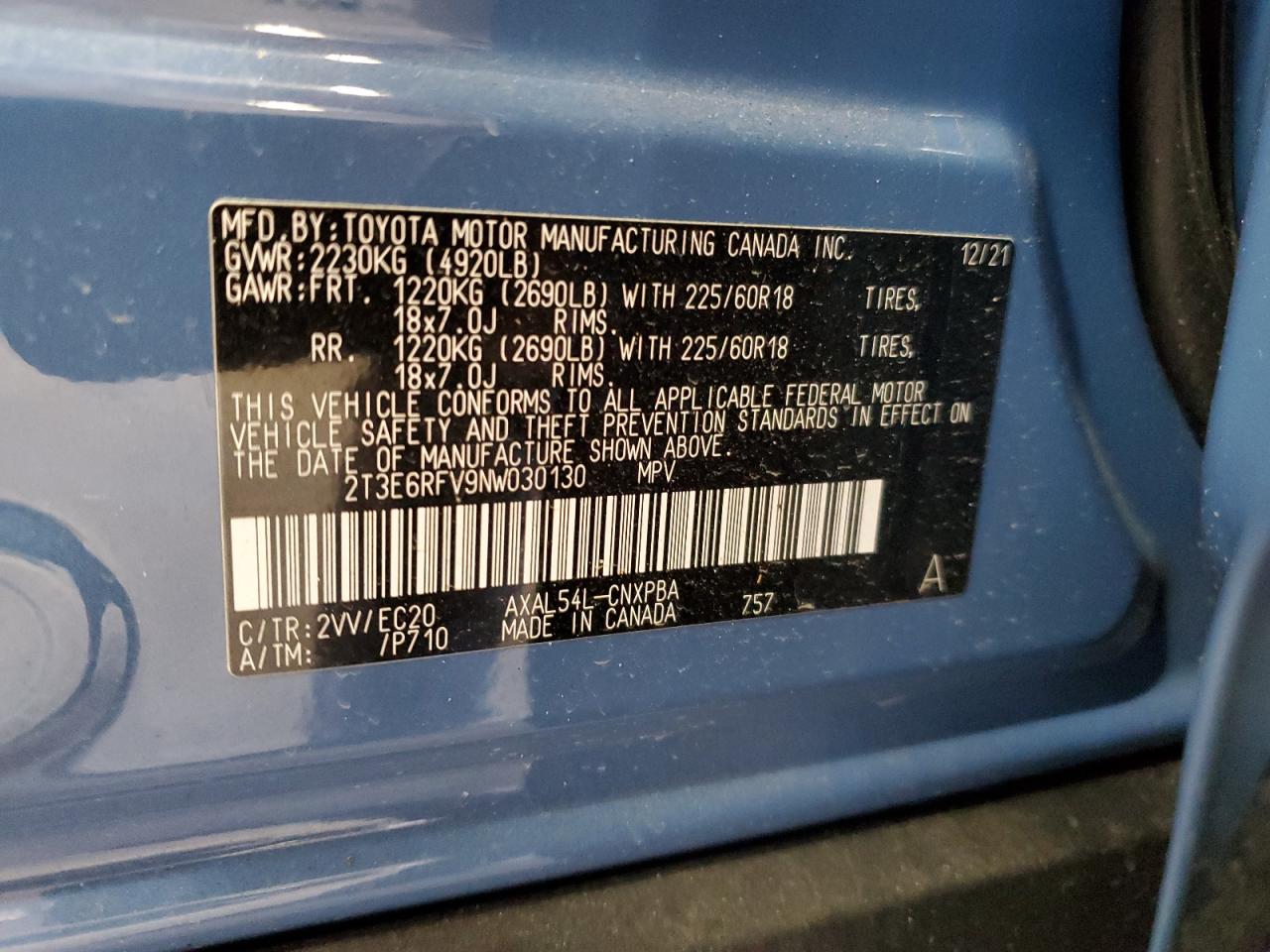 2022 Toyota RAV 4 VIN 2T3E6RFV9NW030130 Copart auction photo, rear end damage thumbnail 13