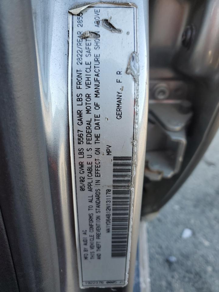 2002 Audi Allroad VIN WA1YD64B12N131170 Copart auction photo, front end damage thumbnail 12