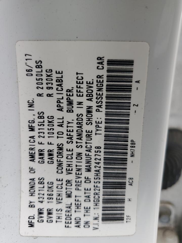 2017 Honda Accord VIN 1HGCR2F55HA242758 Copart auction photo, front end / partial repair damage thumbnail 13