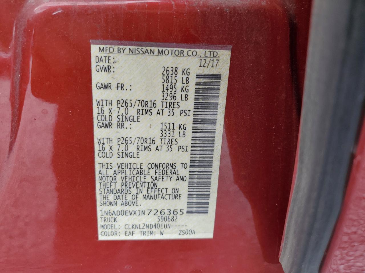2018 Nissan Navara (Frontier) VIN 1N6AD0EVXJN726365 Copart auction photo, water/flood damage thumbnail 13