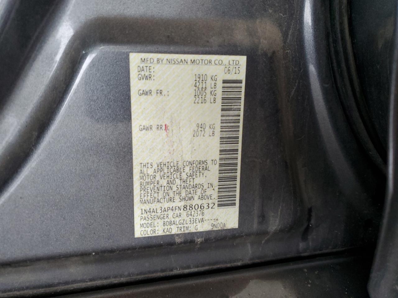 2015 Nissan Altima VIN 1N4AL3AP4FN880632 Copart auction photo, front end damage thumbnail 12