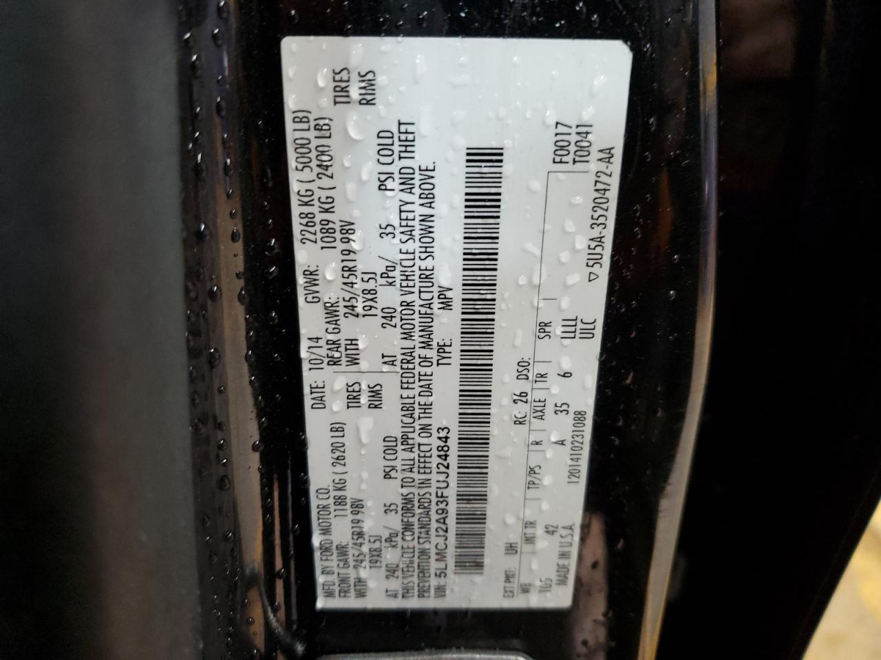 2015 Lincoln MKZ VIN 5LMCJ2A93FUJ24843 Copart auction photo, side damage thumbnail 13