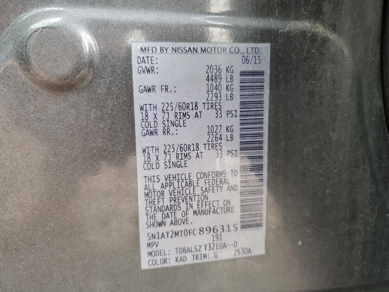 2015 Nissan Rogue VIN 5N1AT2MT0FC896315 Copart auction photo, front end / side damage thumbnail 14