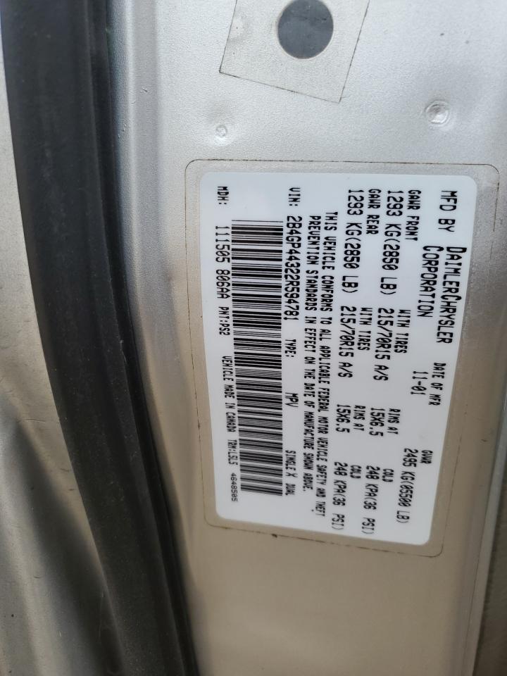 2002 Dodge Caravan VIN 2B4GP44322R594781 Copart auction photo, all over damage thumbnail 13