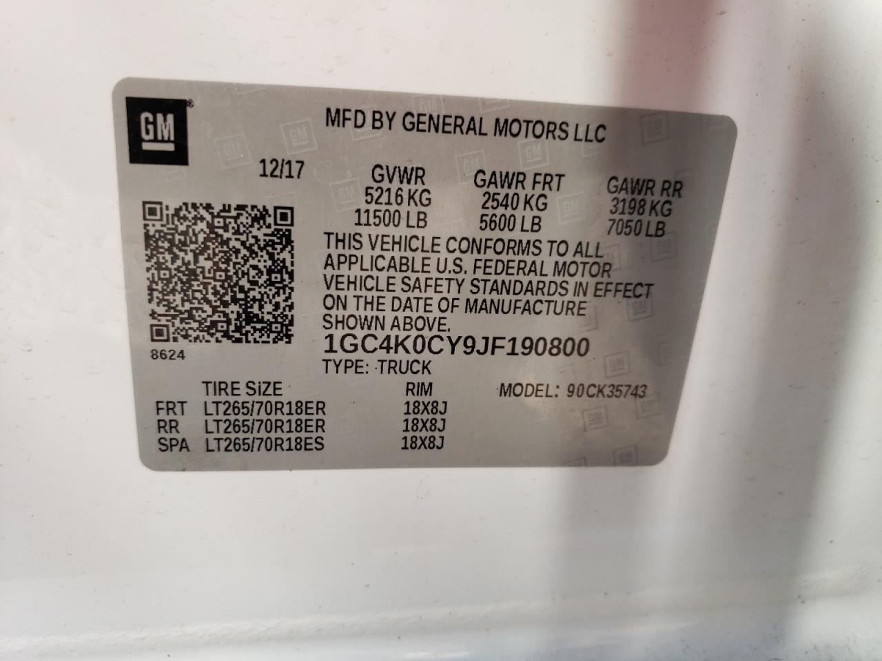 2018 Chevrolet Silverado VIN 1GC4K0CY9JF190800 Copart auction photo, top/roof damage thumbnail 14