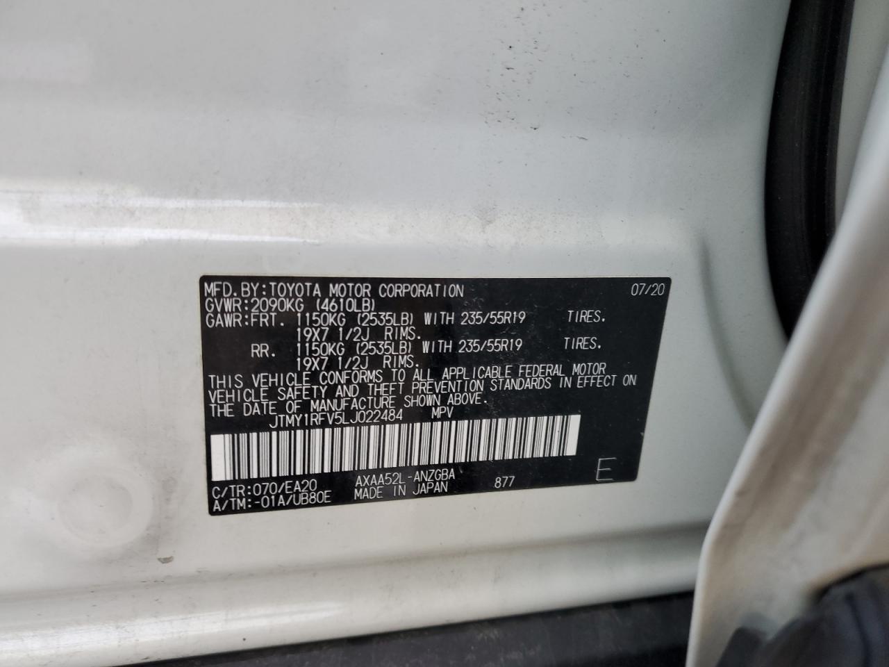 2020 Toyota RAV 4 VIN JTMY1RFV5LJ022484 Copart auction photo, front end / side damage thumbnail 13