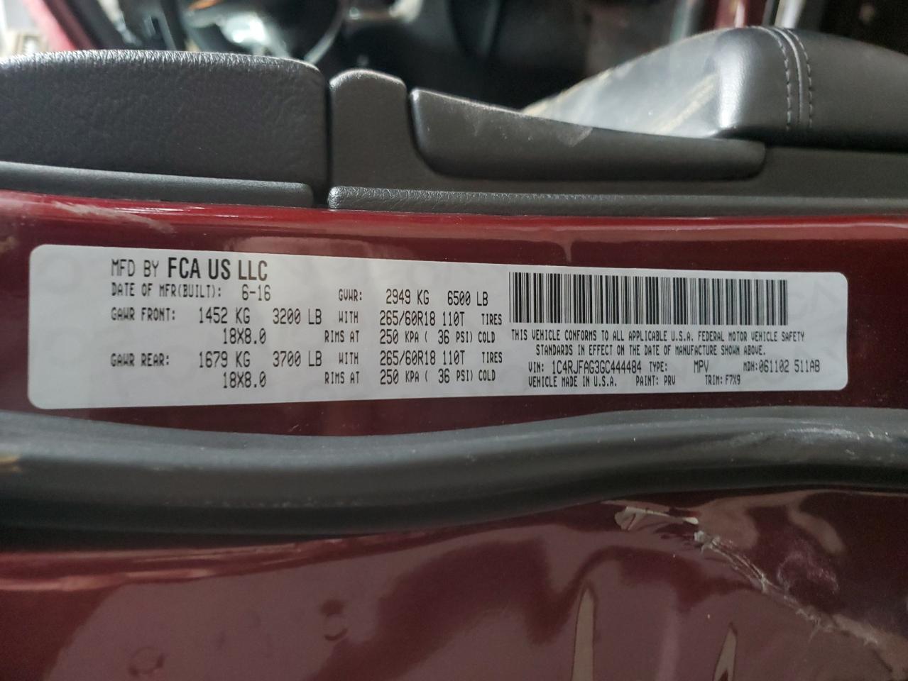 2016 Jeep Grand Cherokee VIN 1C4RJFAG3GC444484 Copart auction photo, side / minor dent/scratches damage thumbnail 13