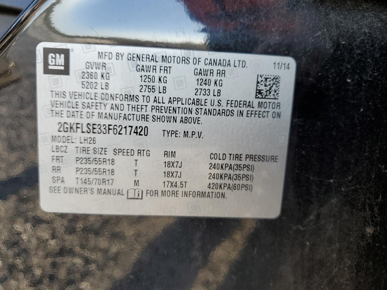 2015 GMC Terrain VIN 2GKFLSE33F6217420 Copart auction photo, front end damage thumbnail 13