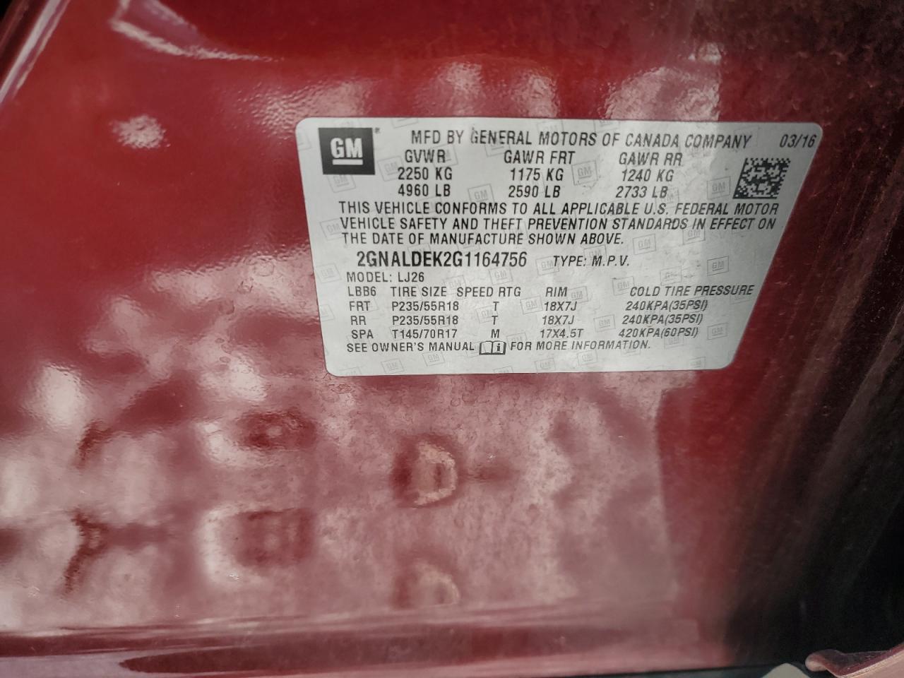 2016 Chevrolet Equinox VIN 2GNALDEK2G1164756 Copart auction photo, front end damage thumbnail 13