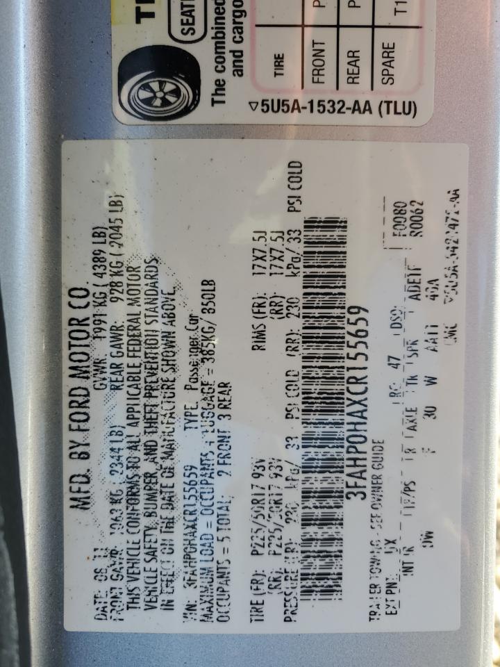 2012 Ford Fusion VIN 3FAHP0HAXCR155659 Copart auction photo, front end / side damage thumbnail 14