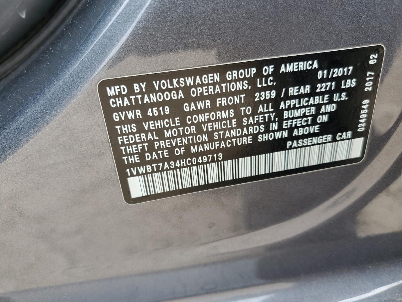 2017 Volkswagen Passat VIN 1VWBT7A34HC049713 Copart auction photo, rear end / minor dent/scratches damage thumbnail 12