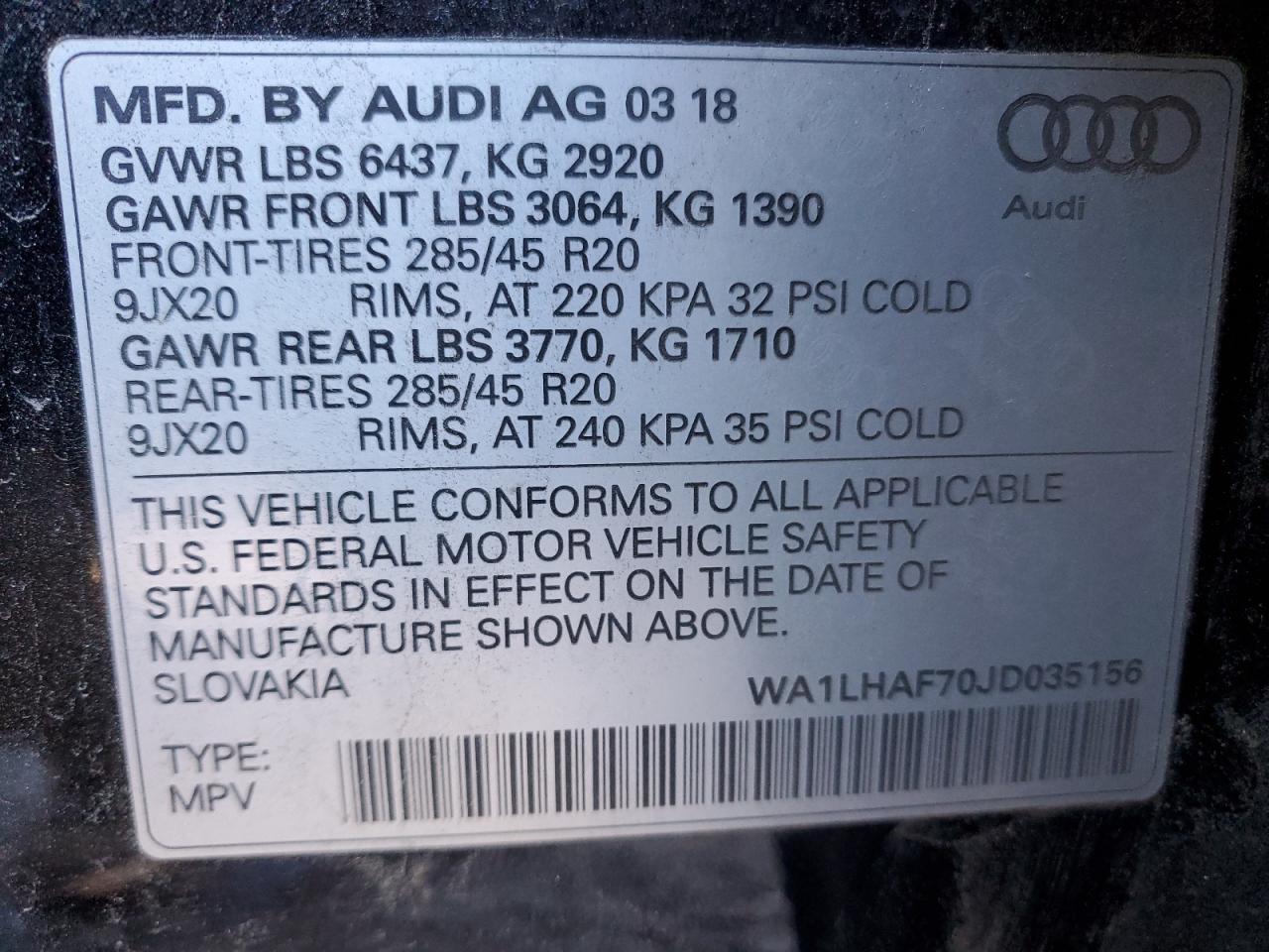 2018 Audi Q7 VIN WA1LHAF70JD035156 Copart auction photo, rear end damage thumbnail 14
