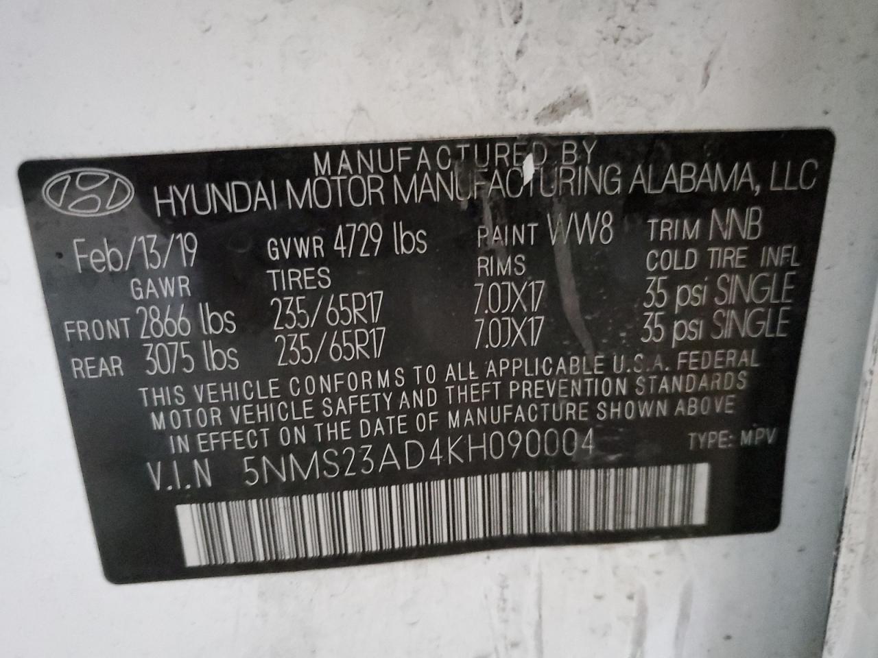 2019 Hyundai Santa Fe VIN 5NMS23AD4KH090004 Copart auction photo, all over damage thumbnail 12