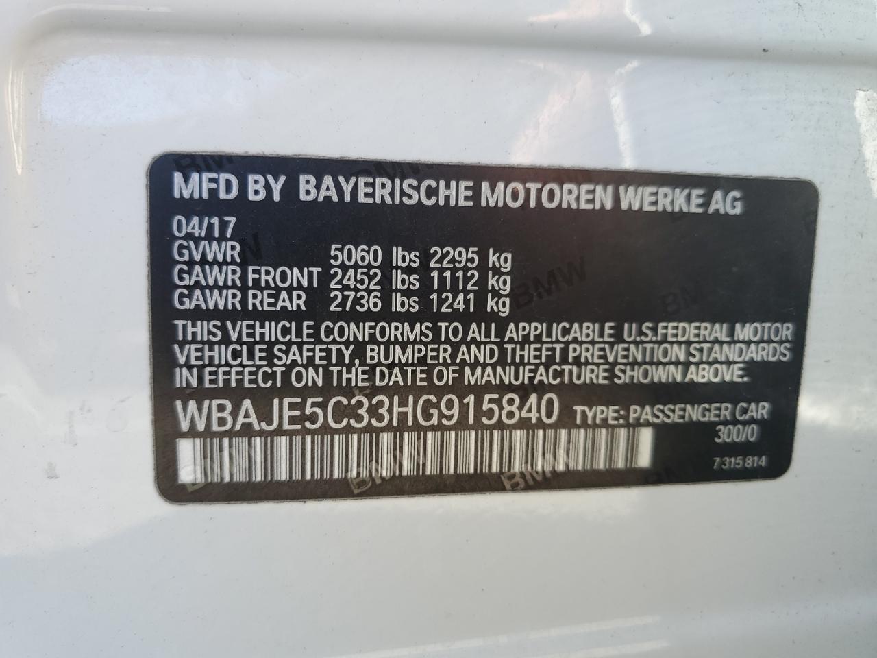 2017 BMW 5er VIN WBAJE5C33HG915840 Copart auction photo, side damage thumbnail 12