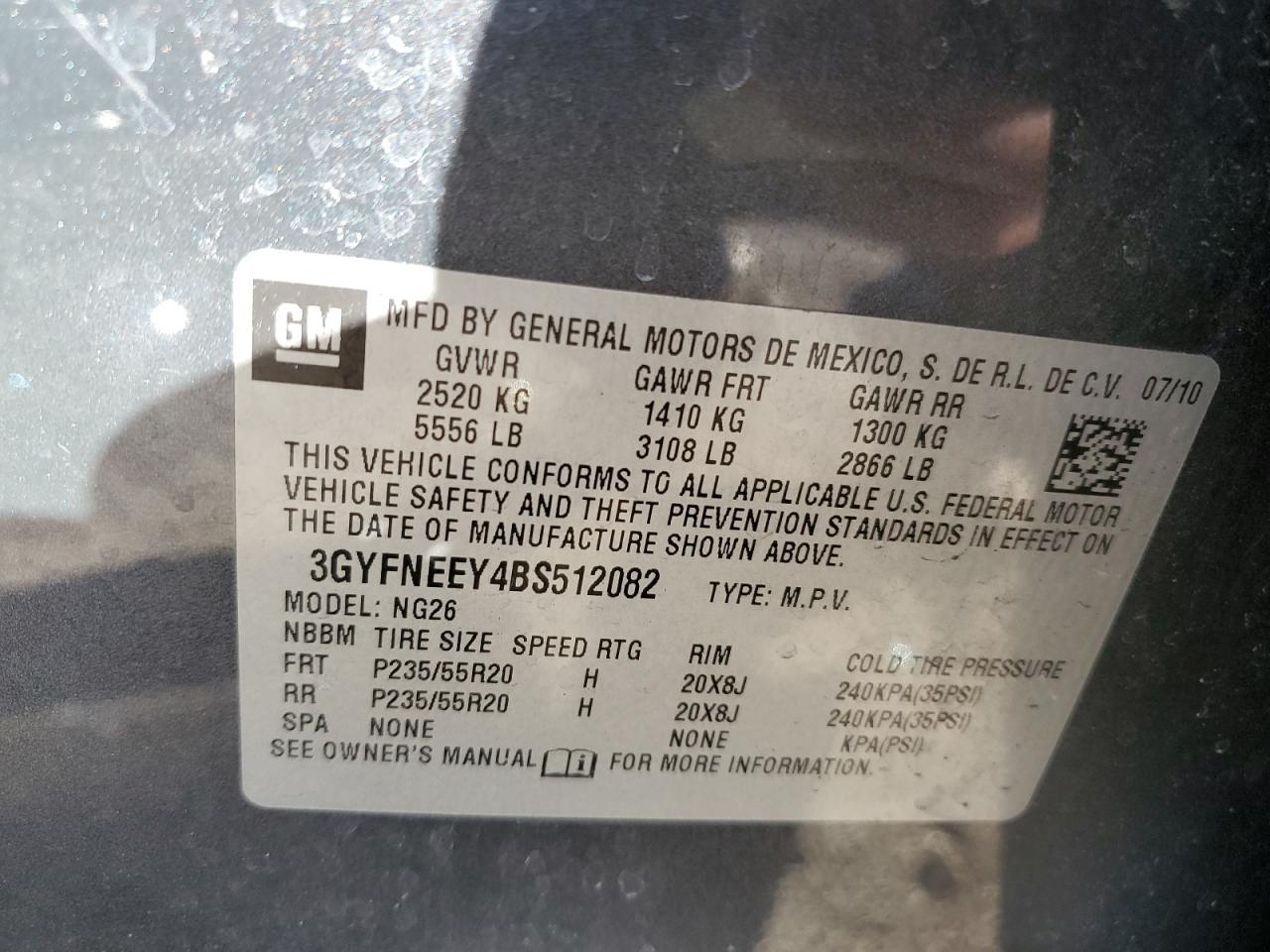 2011 Cadillac SRX VIN 3GYFNEEY4BS512082 Copart auction photo, front end / side damage thumbnail 13
