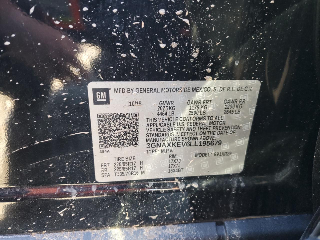 2020 Chevrolet Equinox VIN 3GNAXKEV6LL195679 Copart auction photo, all over damage thumbnail 13