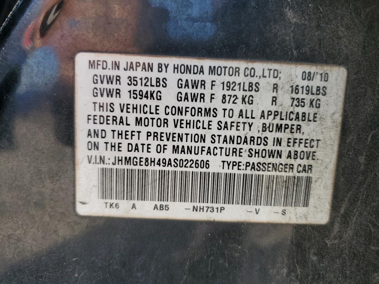 2010 Honda Fit VIN JHMGE8H49AS022606 Copart auction photo, front end / rear end damage thumbnail 12