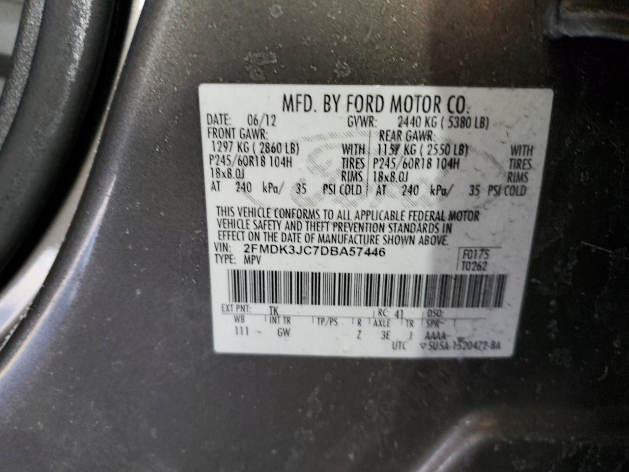 2013 Ford Edge VIN 2FMDK3JC7DBA57446 Copart auction photo, front end damage thumbnail 13