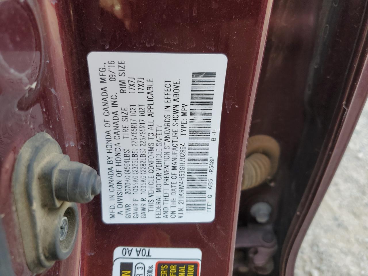 2016 Honda CR-V VIN 2HKRM4H53GH702894 Copart auction photo, front end / side damage thumbnail 14