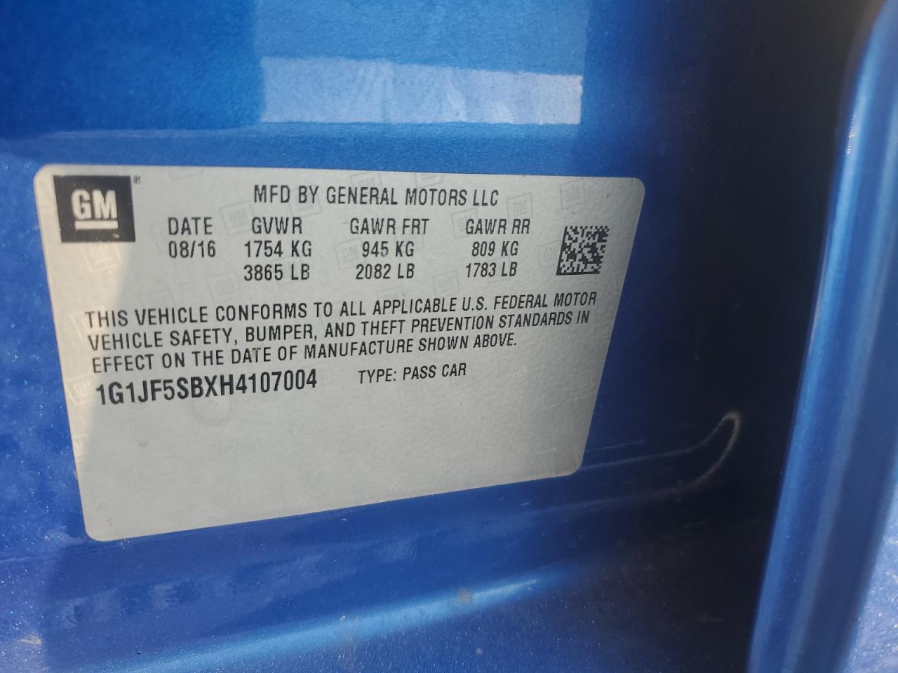 2017 Chevrolet Sonic VIN 1G1JF5SBXH4107004 Copart auction photo, rear end damage thumbnail 12