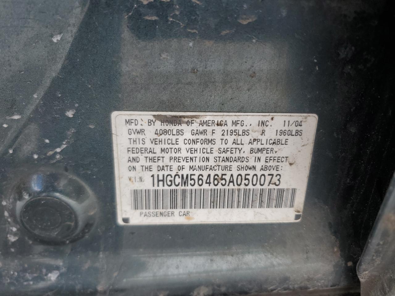 2005 Honda Accord VIN 1HGCM56465A050073 Copart auction photo, minor dent/scratches damage thumbnail 12