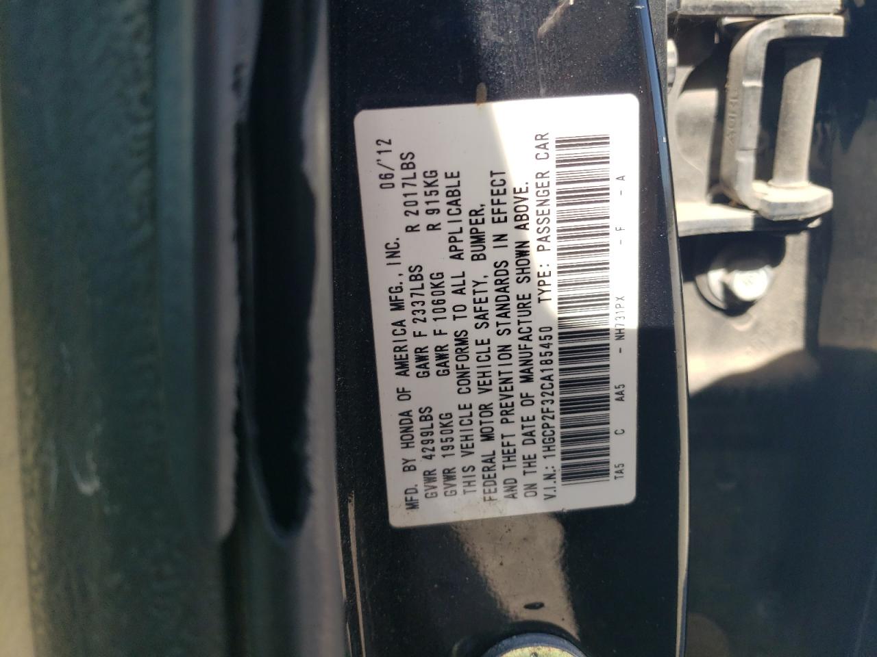 2012 Honda Accord VIN 1HGCP2F32CA185450 Copart auction photo, rear end damage thumbnail 12