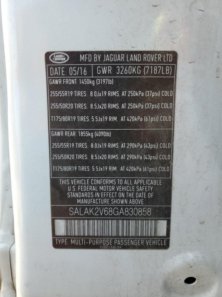 2016 Land Rover LR4 VIN SALAK2V68GA830858 Copart auction photo, minor dent/scratches damage thumbnail 16