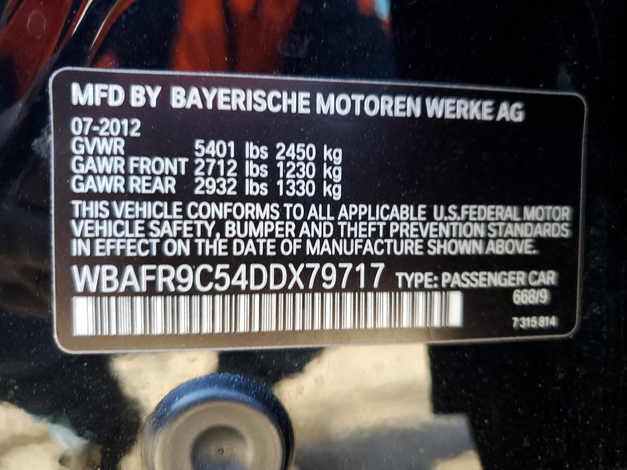 2013 BMW 5er VIN WBAFR9C54DDX79717 Copart auction photo, front end damage thumbnail 12