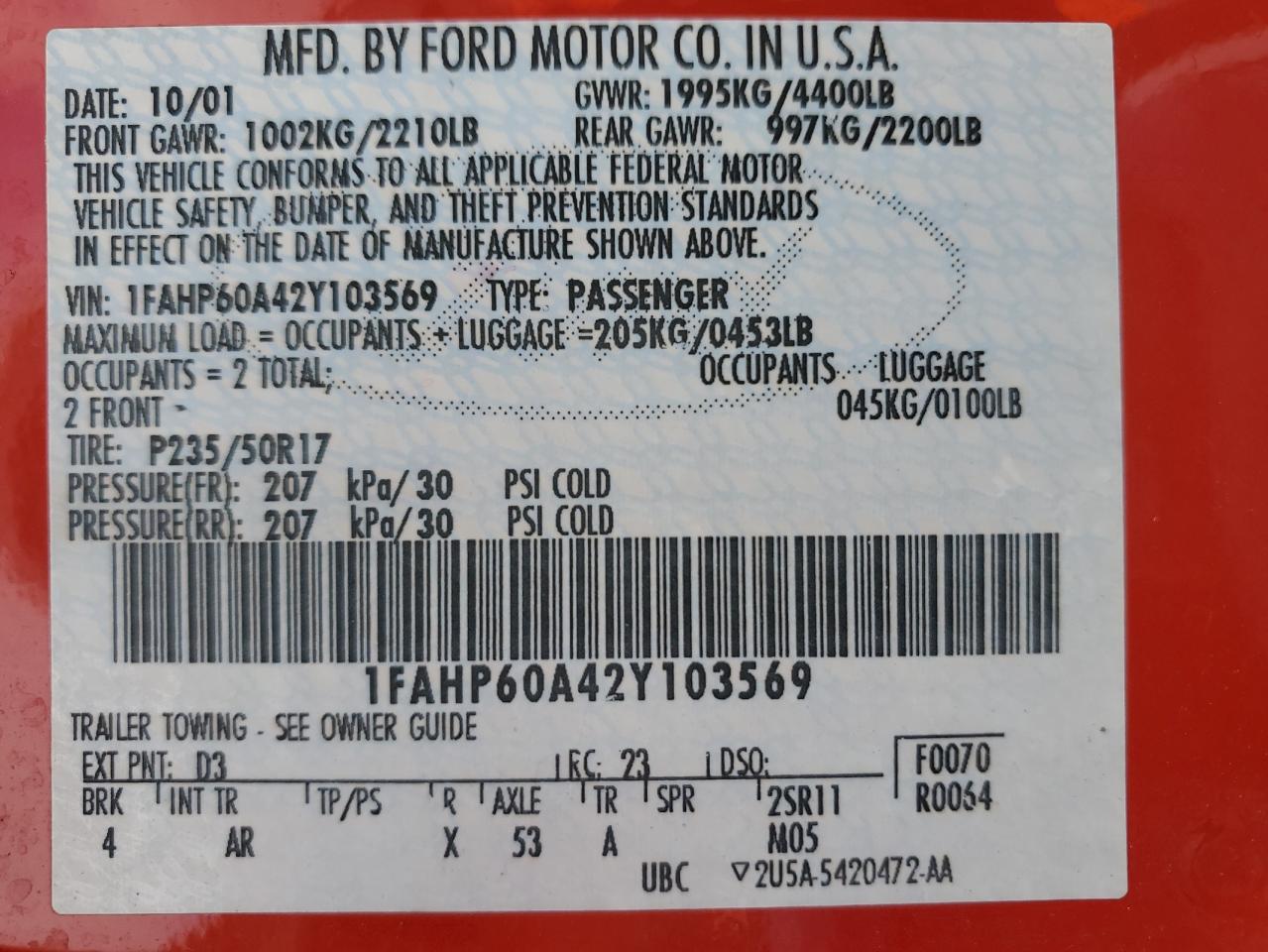 2002 Ford Thunderbird VIN 1FAHP60A42Y103569 Copart auction photo, all over damage thumbnail 12