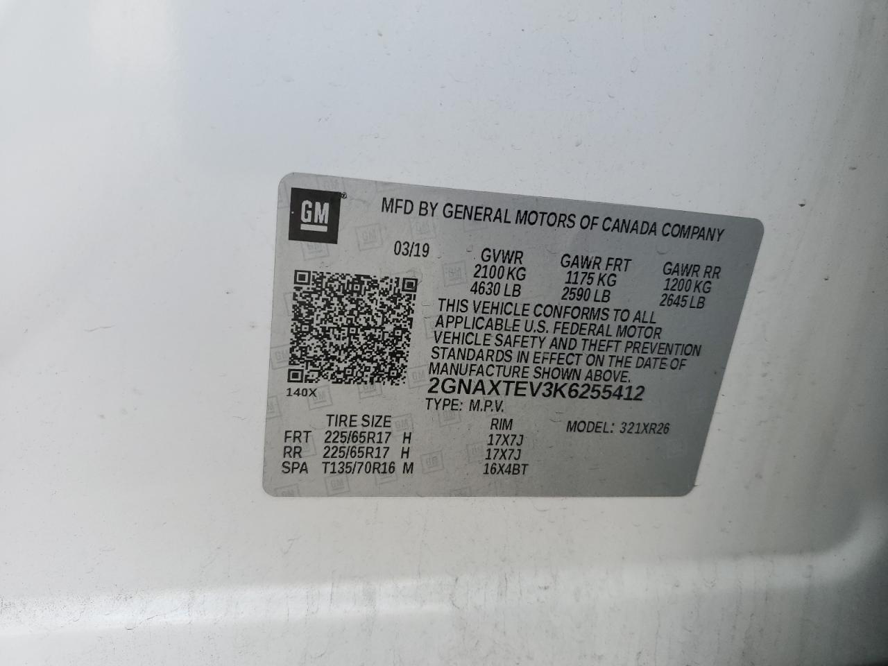 2019 Chevrolet Equinox VIN 2GNAXTEV3K6255412 Copart auction photo, front end / mechanical damage thumbnail 15