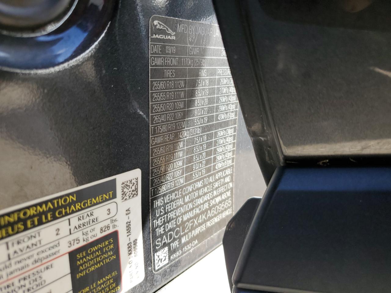 2019 Jaguar F-Pace VIN SADCL2FX4KA609565 Copart auction photo, water/flood damage thumbnail 14