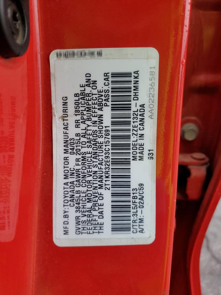 2003 Toyota Corolla VIN 2T1KR32E93C157691 Copart auction photo, front end / minor dent/scratches damage thumbnail 12