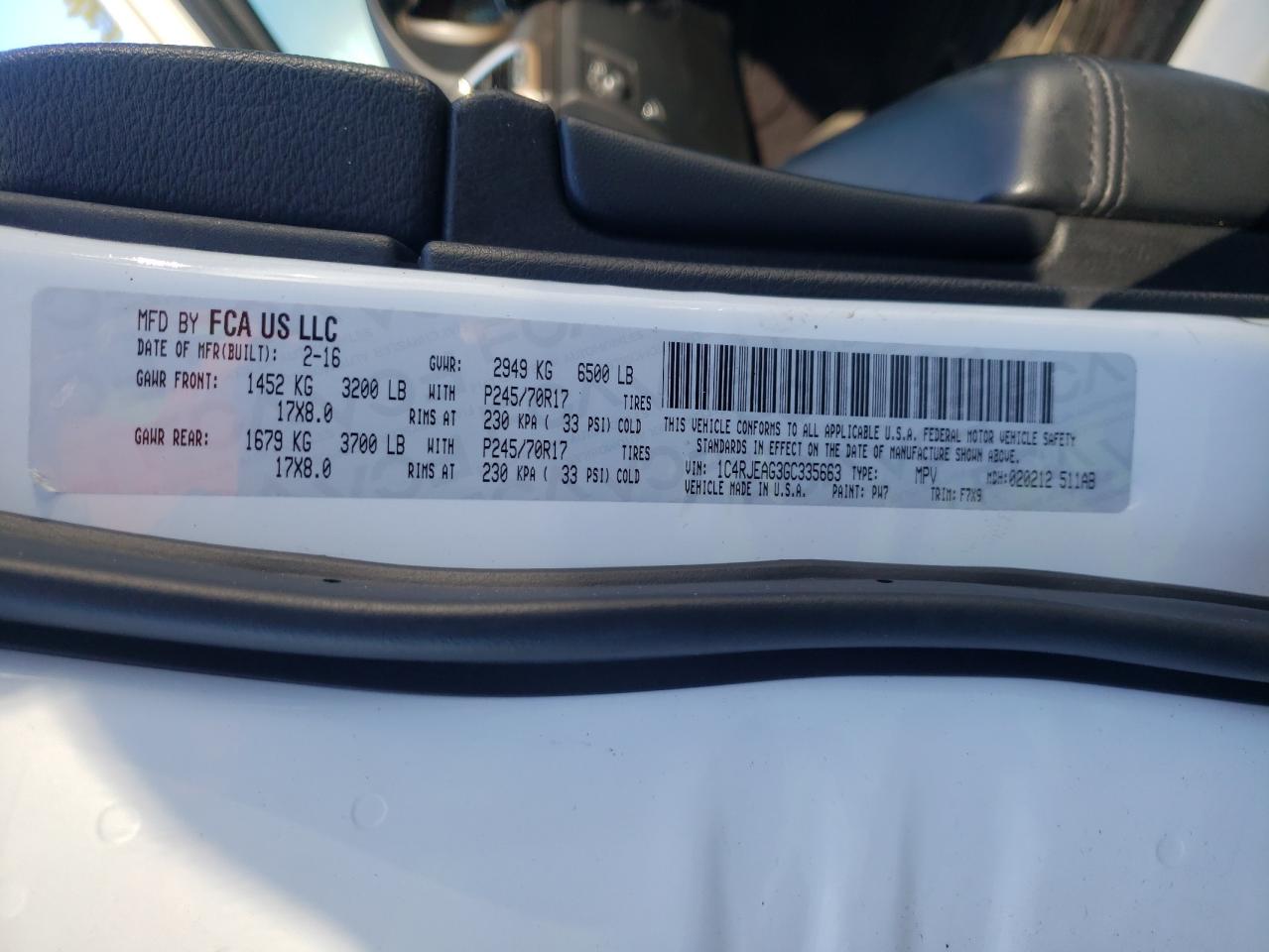 2016 Jeep Grand Cherokee VIN 1C4RJEAG3GC335663 Copart auction photo, front end damage thumbnail 13