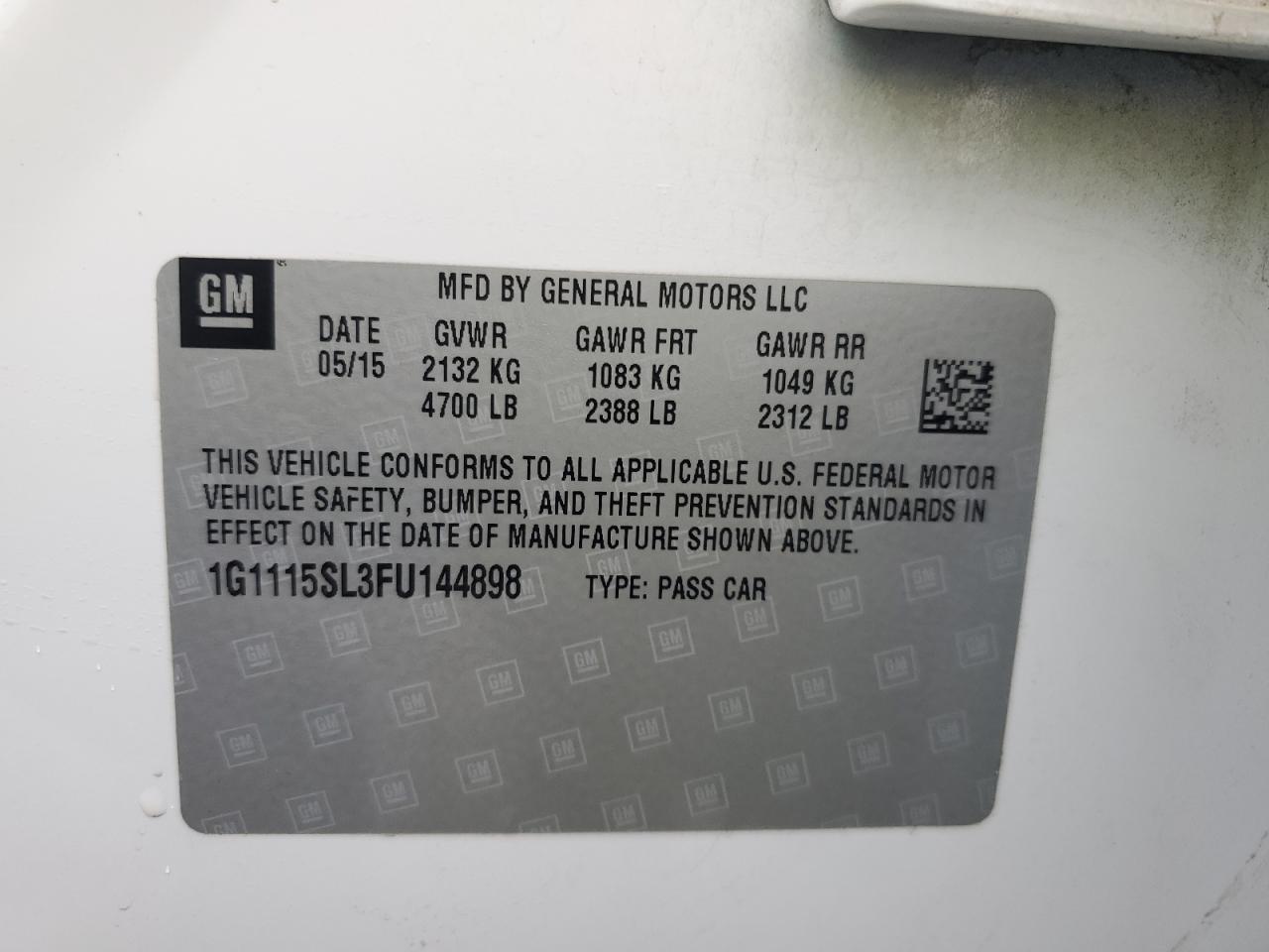 2015 Chevrolet Impala VIN 1G1115SL3FU144898 Copart auction photo, vandalism / side damage thumbnail 12