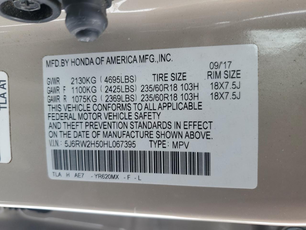 2017 Honda CR-V VIN 5J6RW2H50HL067395 Copart auction photo, side / front end damage thumbnail 15