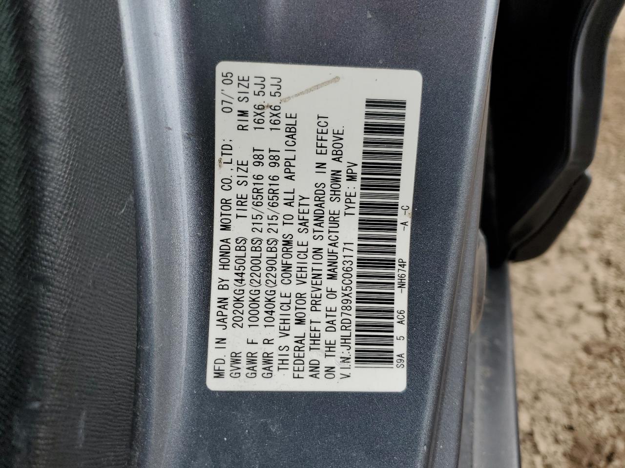 2005 Honda CR-V VIN JHLRD789X5C063171 Copart auction photo, rear end / side damage thumbnail 12