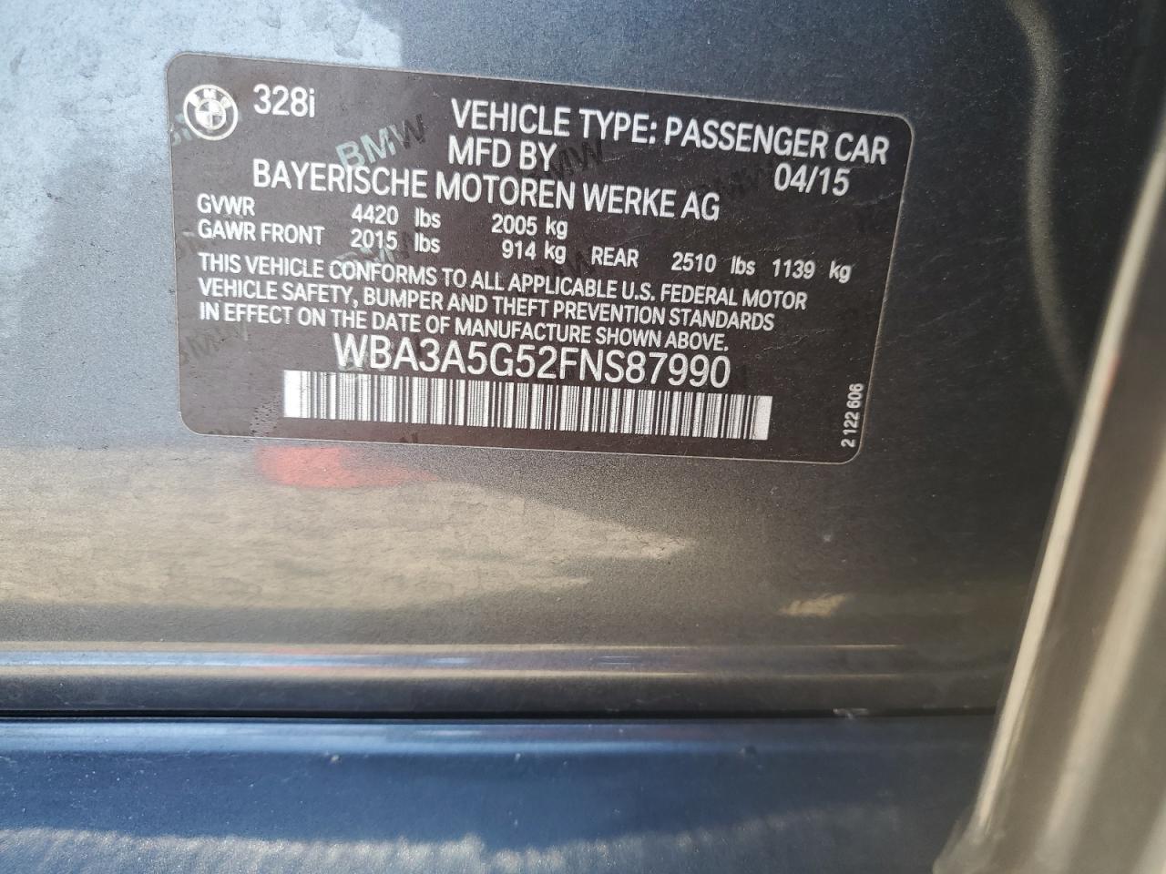 2015 BMW 3er VIN WBA3A5G52FNS87990 Copart auction photo, front end damage thumbnail 12