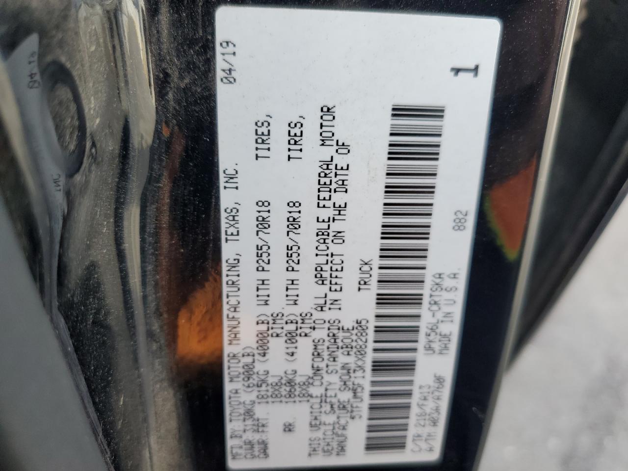 2019 Toyota Tundra VIN 5TFUM5F13KX082805 Copart auction photo, front end damage thumbnail 13