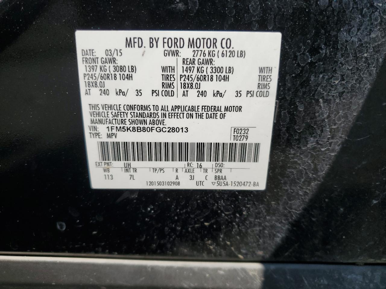 2015 Ford Explorer VIN 1FM5K8B80FGC28013 Copart auction photo, side / front end damage thumbnail 15