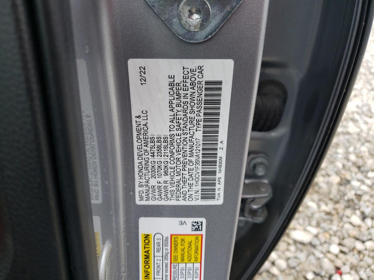 2022 Honda Accord VIN 1HGCV1F35NA121017 Copart auction photo, rear end damage thumbnail 12