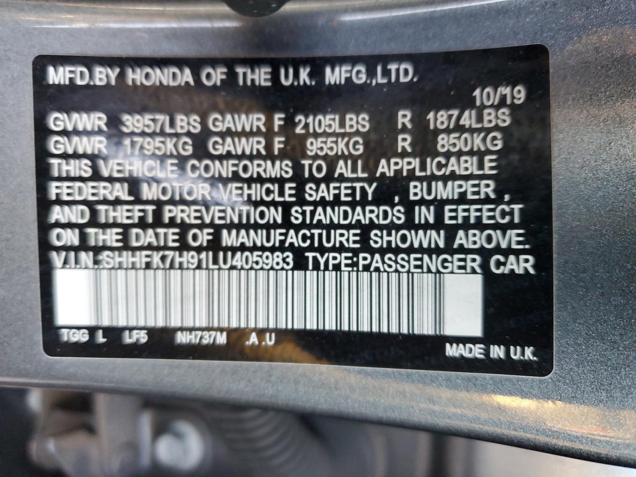 2020 Honda Civic VIN SHHFK7H91LU405983 Copart auction photo, rear end damage thumbnail 15