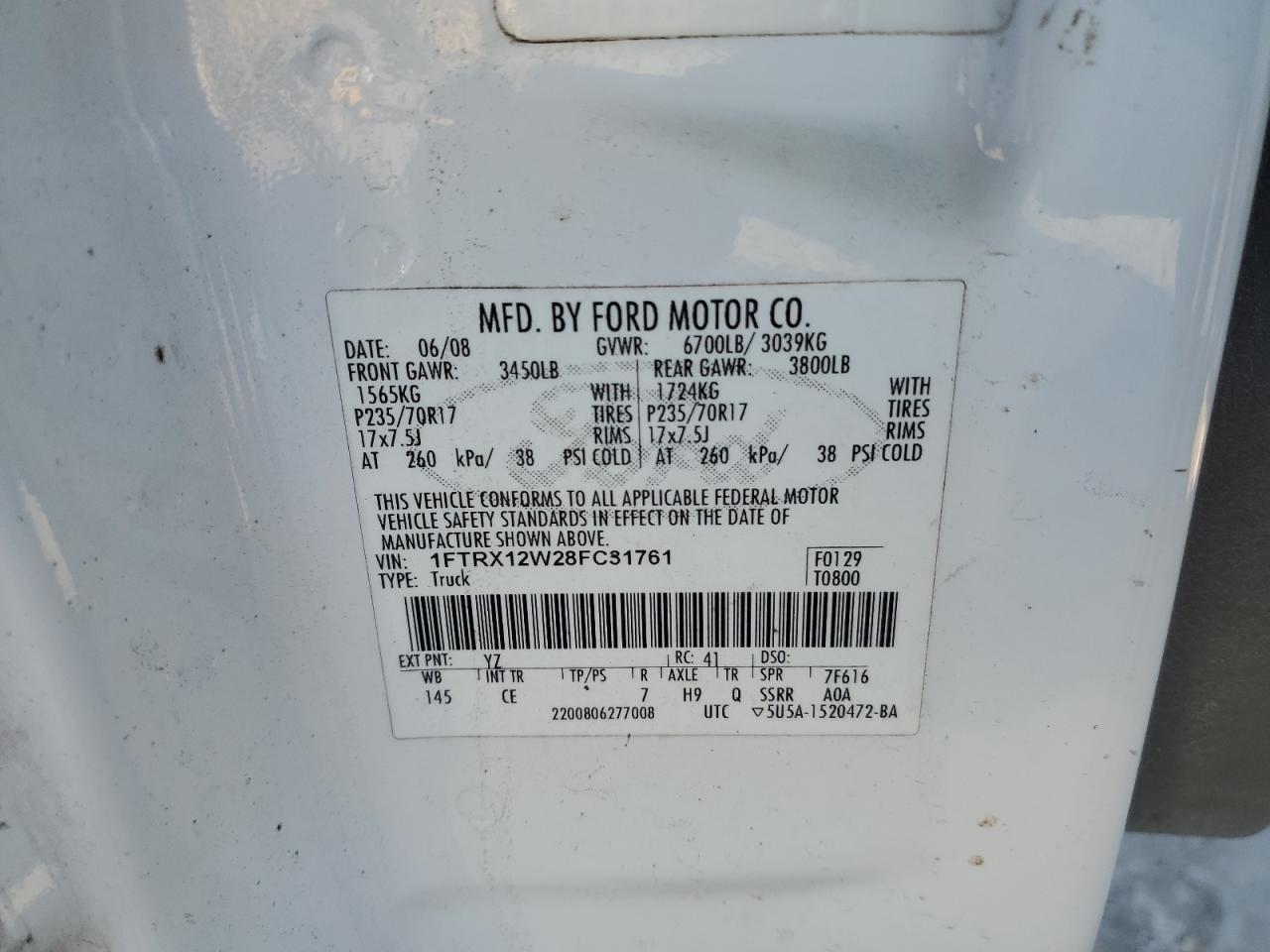 2008 Ford F-150 VIN 1FTRX12W28FC31761 Copart auction photo, all over damage thumbnail 12