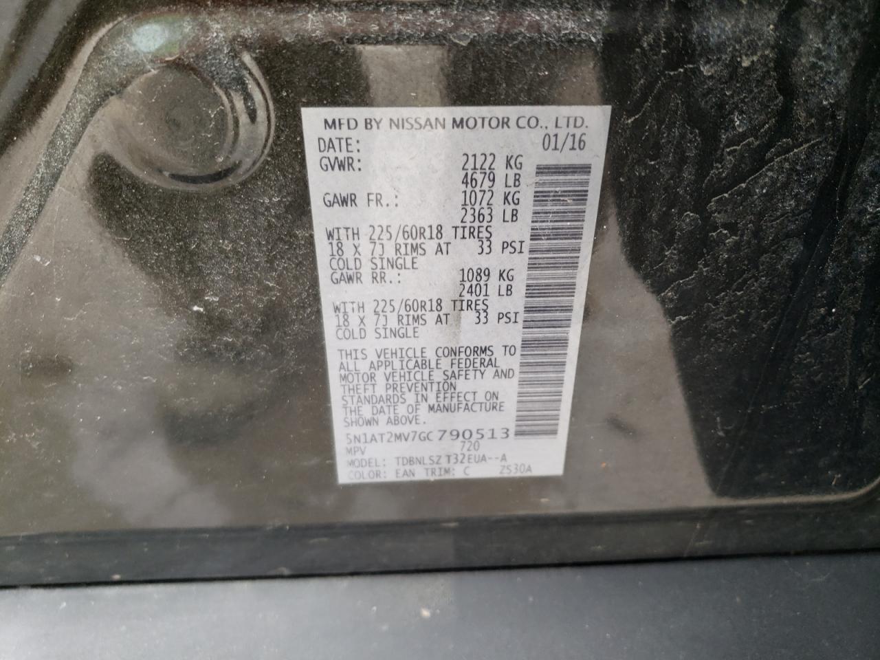 2016 Nissan Rogue VIN 5N1AT2MV7GC790513 Copart auction photo, rear end damage thumbnail 14