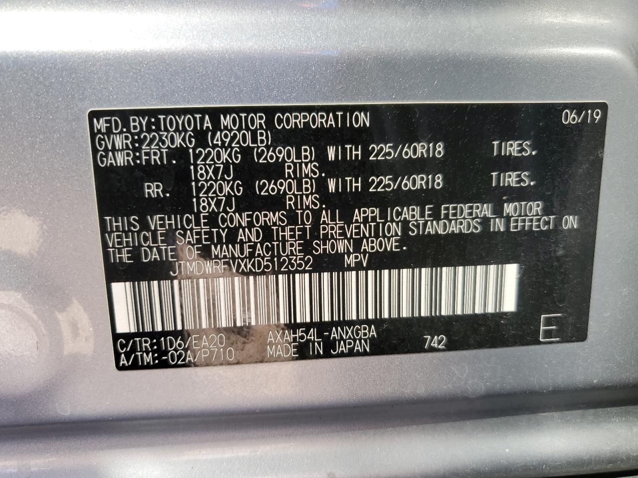 2019 Toyota RAV 4 VIN JTMDWRFVXKD512352 Copart auction photo, side damage thumbnail 15
