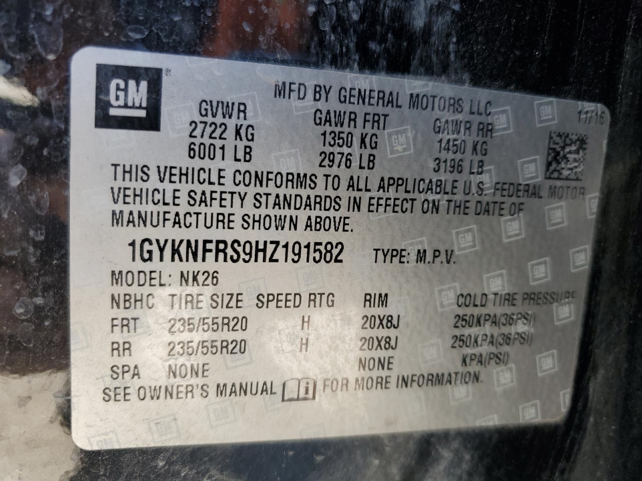 2017 Cadillac XT5 VIN 1GYKNFRS9HZ191582 Copart auction photo, front end / minor dent/scratches damage thumbnail 13