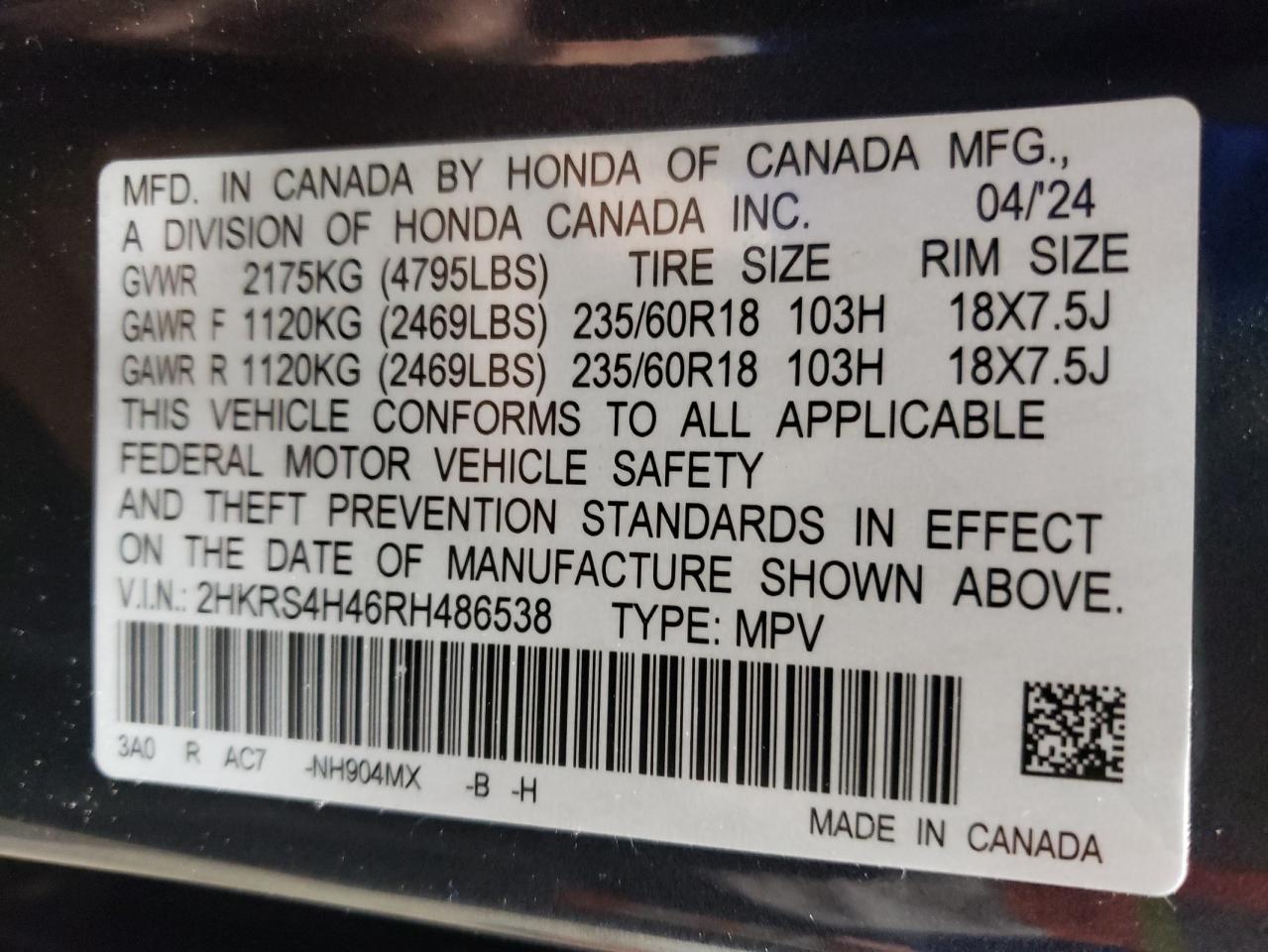 2024 Honda CR-V VIN 2HKRS4H46RH486538 Copart auction photo, front end damage thumbnail 15