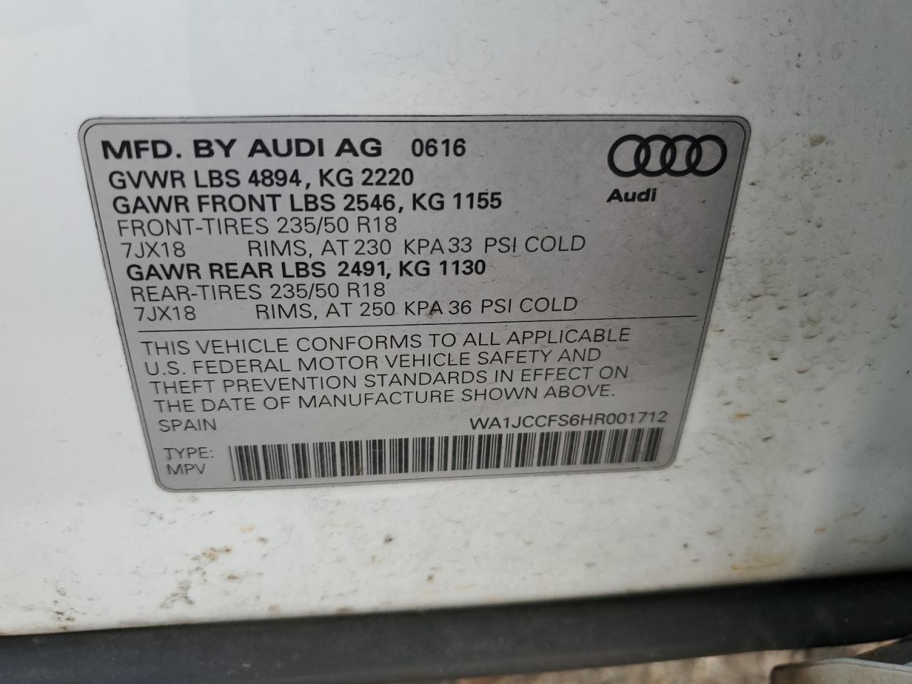 2017 Audi Q3 VIN WA1JCCFS6HR001712 Copart auction photo, front end damage thumbnail 13